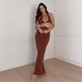Robe mi-longue boutonnée en maille découpée Trix - Chocolat